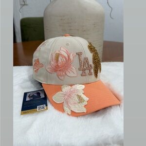 Floral Embroidered Women’s SnapBackHat- Coral and Cream